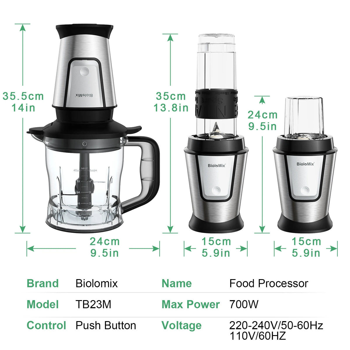 BioloMix 700W 3-in-1 Multifunctional Portable Food Processor Juicer Blender Smoothie Mixer Food Chopper Dry Grinder for Kitchen