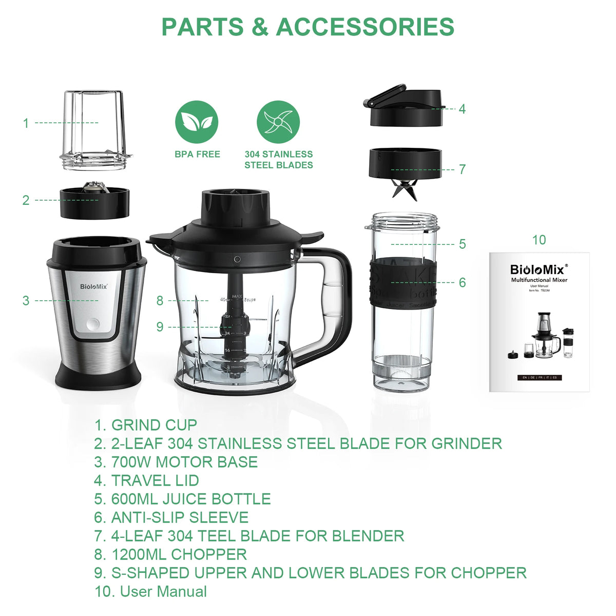 BioloMix 700W 3-in-1 Multifunctional Portable Food Processor Juicer Blender Smoothie Mixer Food Chopper Dry Grinder for Kitchen