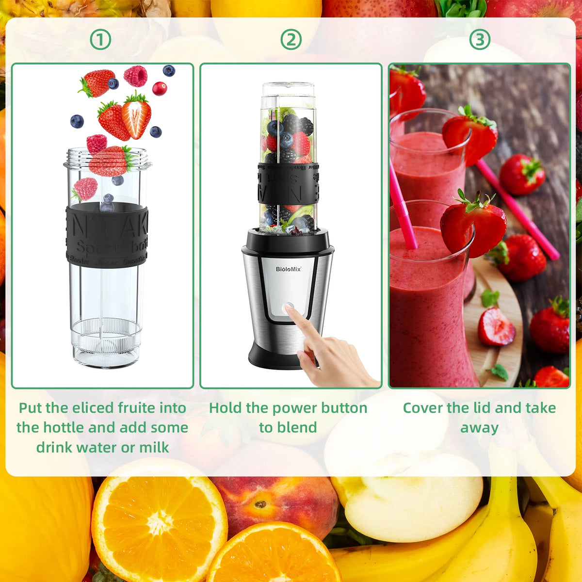 BioloMix 700W 3-in-1 Multifunctional Portable Food Processor Juicer Blender Smoothie Mixer Food Chopper Dry Grinder for Kitchen